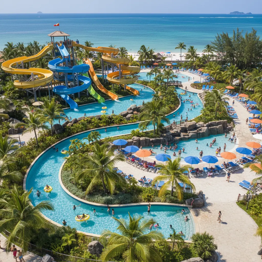 Pemandangan taman air tropis dengan seluncuran dan kolam