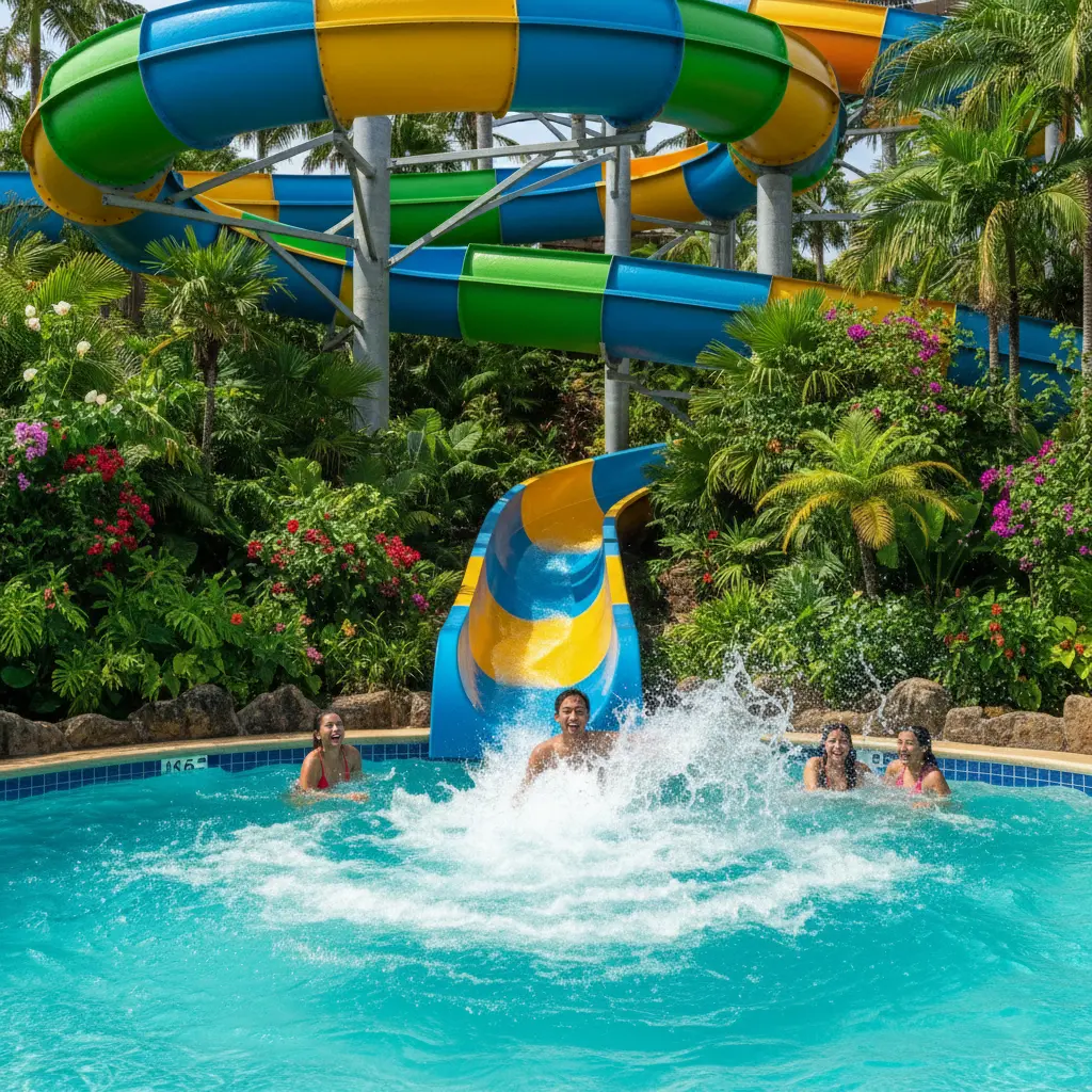 Seluncuran air berwarna-warni dengan kolam percikan